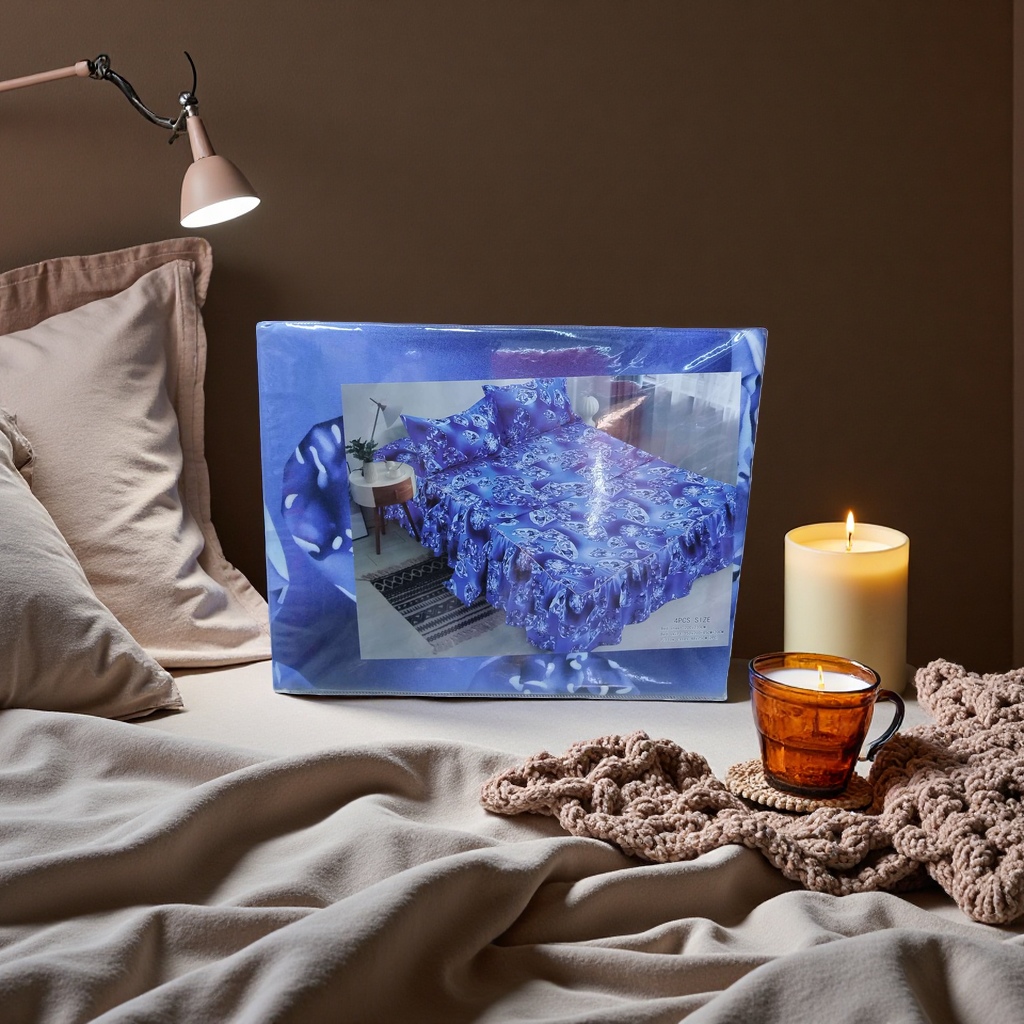 Blue patterned bedding set, four-piece set, pure cotton summer quilt cover, pillowcase and bed sheet