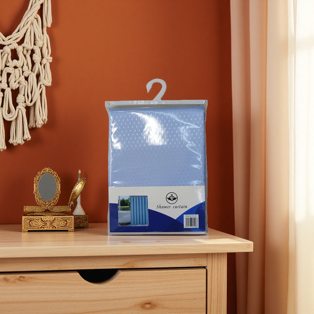 Blue triangular pattern waterproof shower curtain, bathroom water-proof and anti-slip PVC material Application Scenario