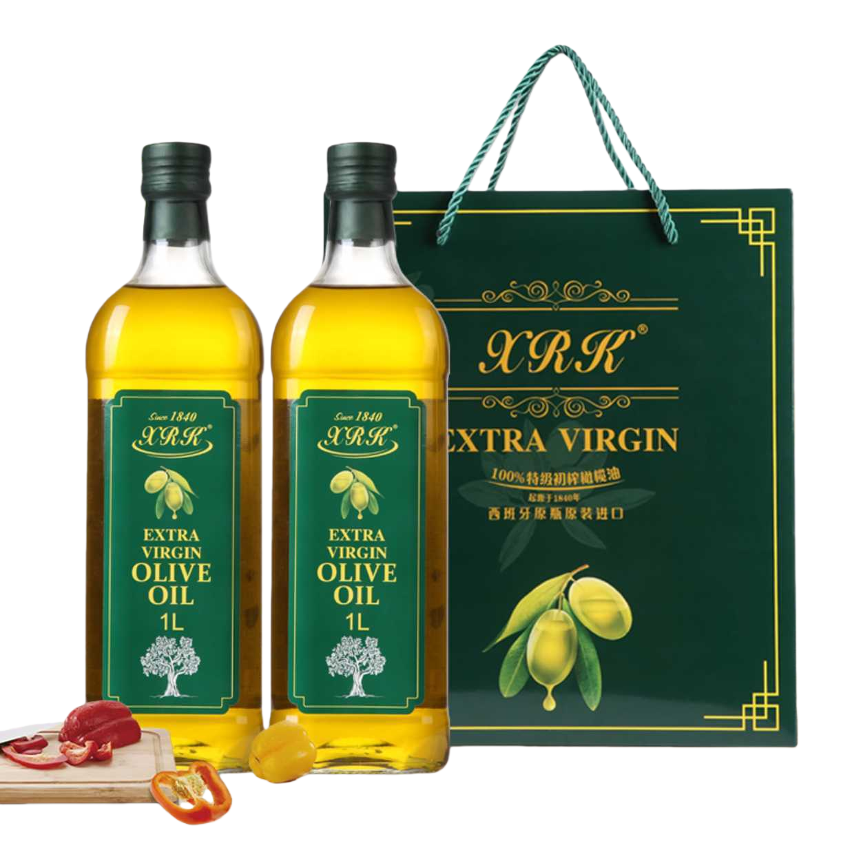 Two bottles of extra virgin olive oil in a gift box packaging Item Picture