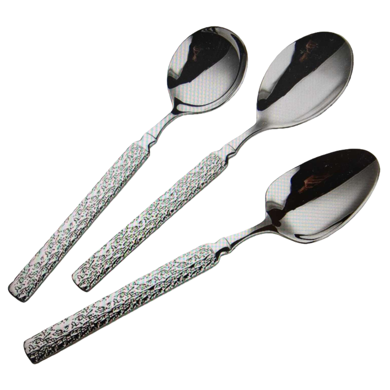 Three metal spoons with textured handles, stainless steel spoons for catering Item Picture