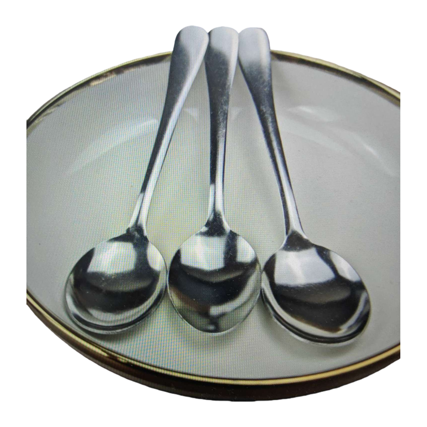 A set of three silver metal spoons with a white gold-edge tray Item Picture