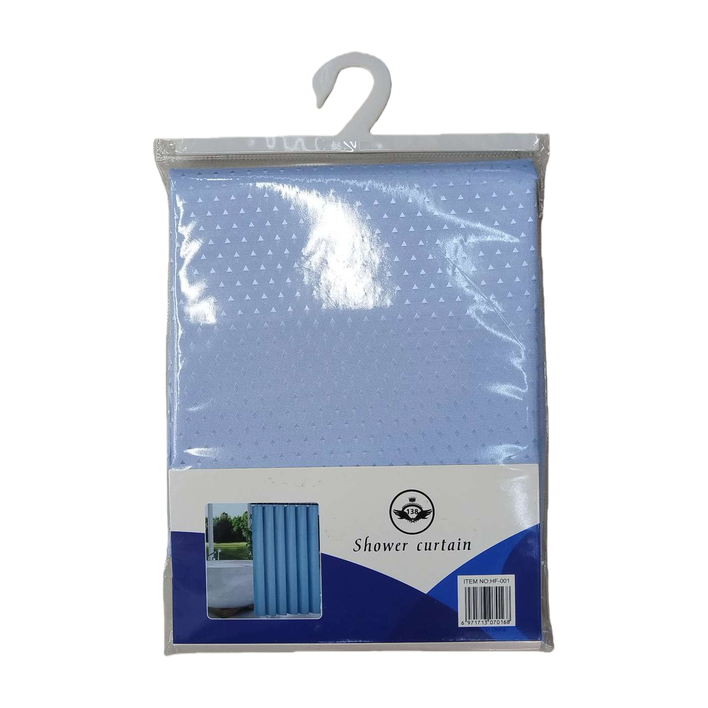Blue triangular pattern waterproof shower curtain, bathroom water-proof and anti-slip PVC material Item Picture