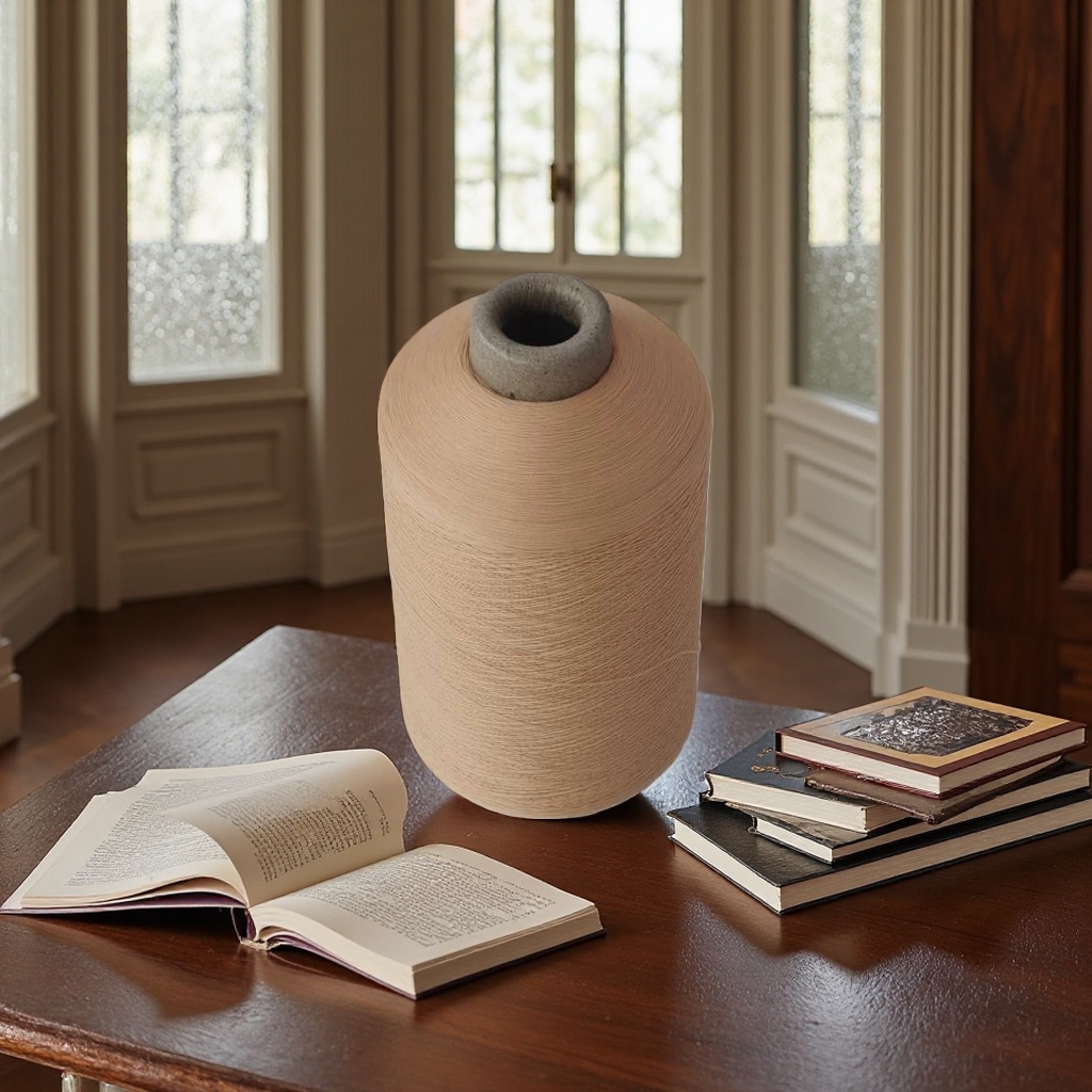 Light brown yarn rolls for hand-knitted wool crochet, made from a blend of cotton and linen
