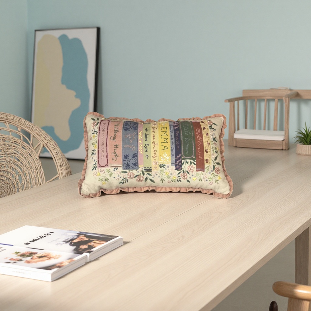 Embroidered book pattern throw pillow, soft and cute home decoration cushion, universal style Application Scenario