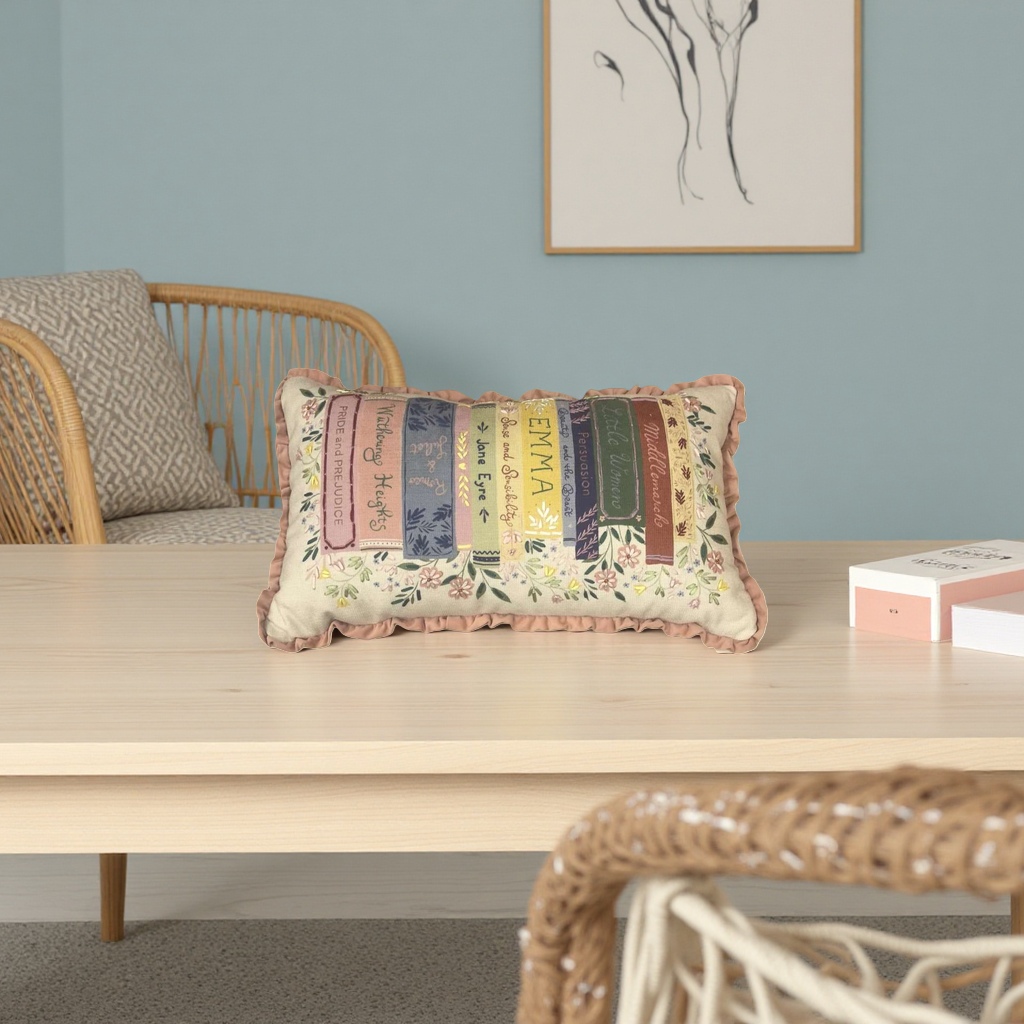 Embroidered book pattern throw pillow, soft and cute home decoration cushion, universal style details Picture
