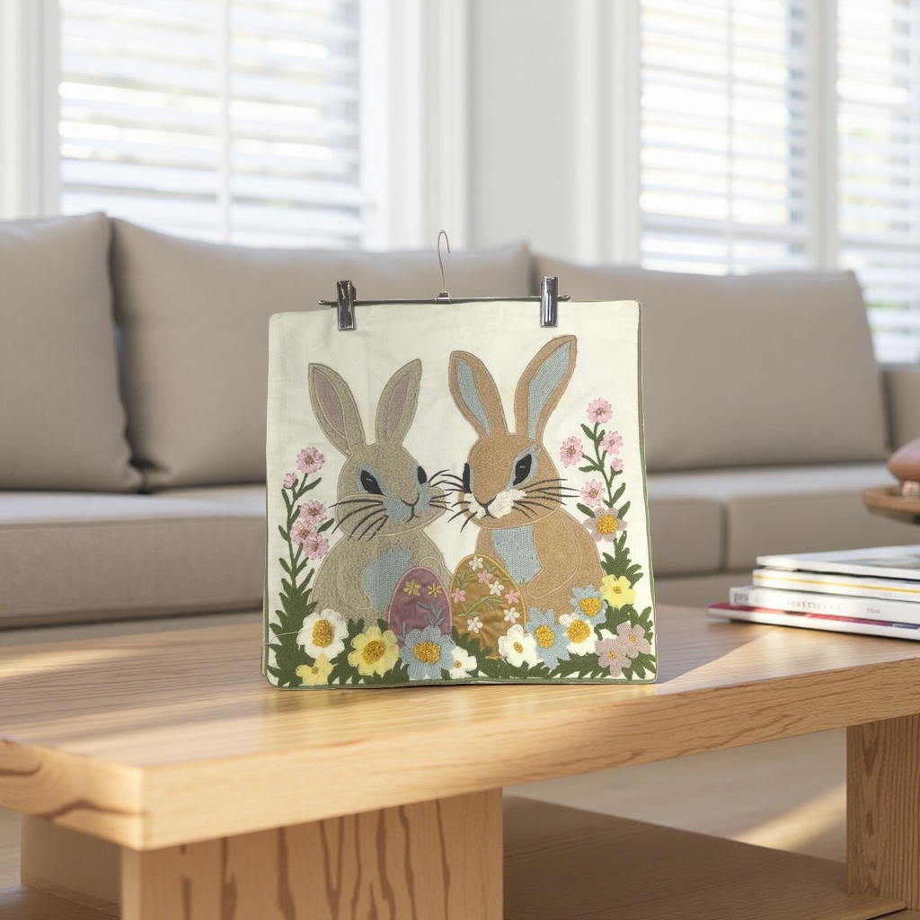 Embroidered rabbit flower pattern fabric pendant for home decoration, wall decoration and handcrafted pendant Specification image