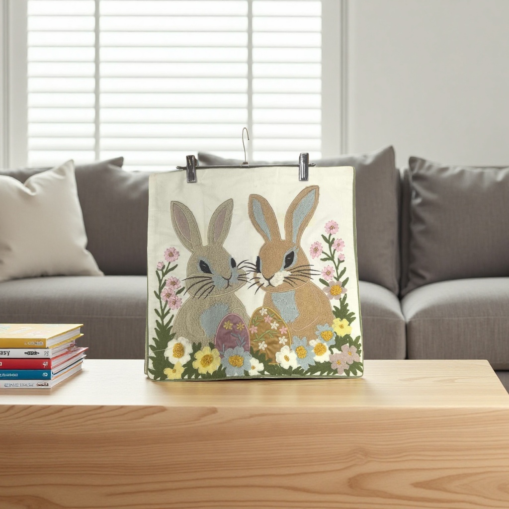 Embroidered rabbit flower pattern fabric pendant for home decoration, wall decoration and handcrafted pendant details Picture