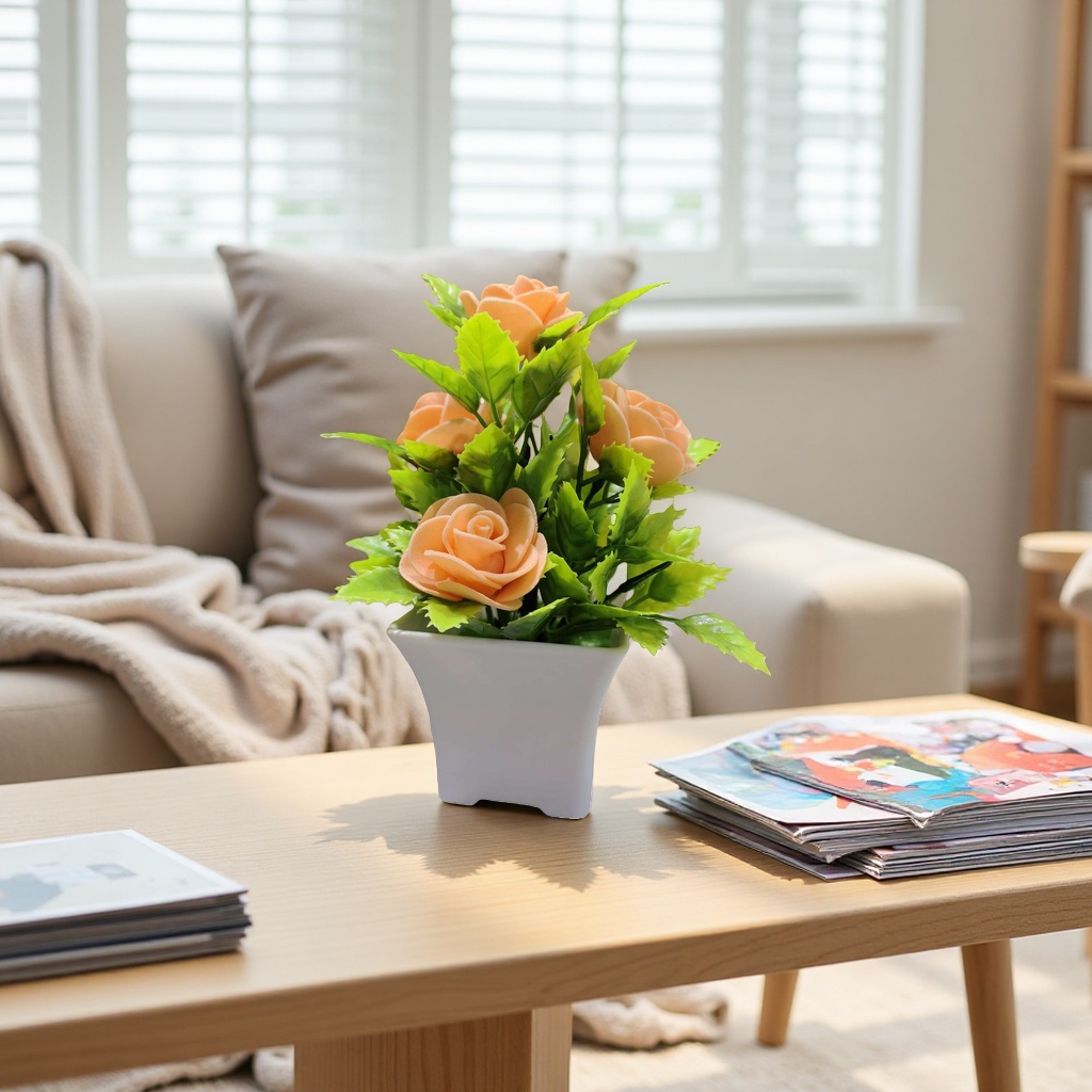 Orange rose artificial flower potted indoor decorative item, waterless eternal flower