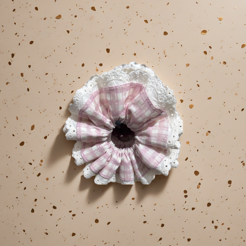 Pink checkered fabric with white lace trim hair bands is a fashionable adult hair accessory for girls