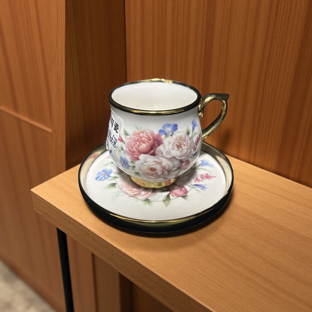 花卉图案茶杯与茶托套装 陶瓷家用下午茶配件