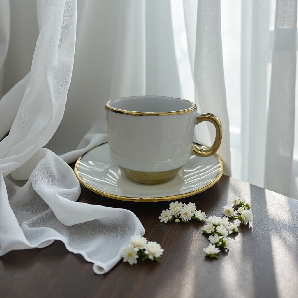 白色带金色边框茶杯配茶托套装