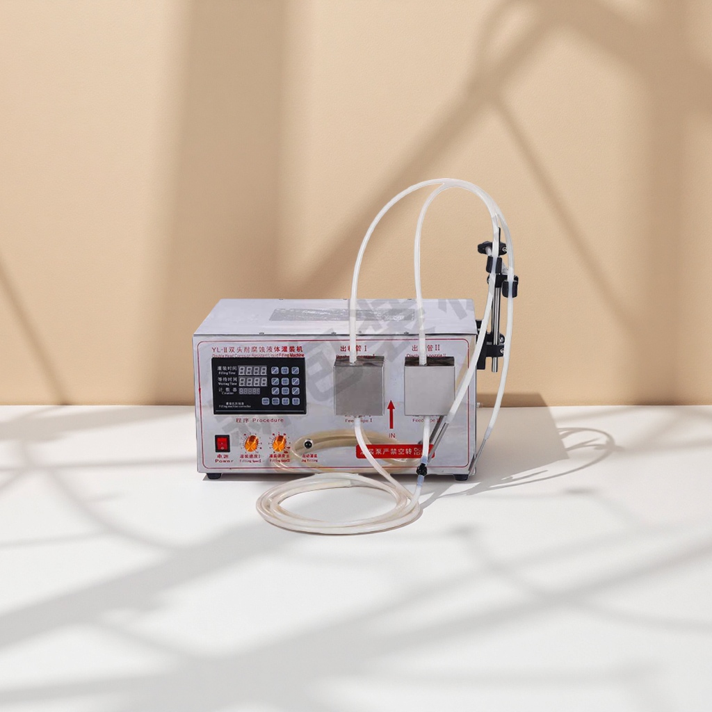 The SY benchtop liquid filling machine is a liquid quantitative filling equipment with adjustable capacity ranging from 10 to 100ml
