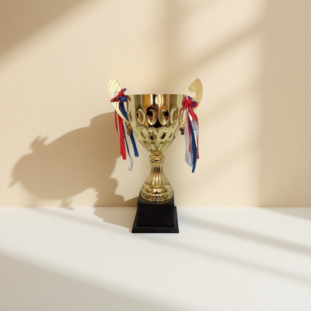 The golden trophy, custom-made for the celebration and award ceremony, features a metallic texture that is high-end and elegant Specification image