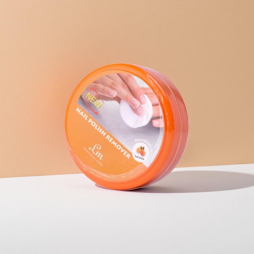 The orange round nail polish remover container is made of glass with a capacity of 120ml and is reusable