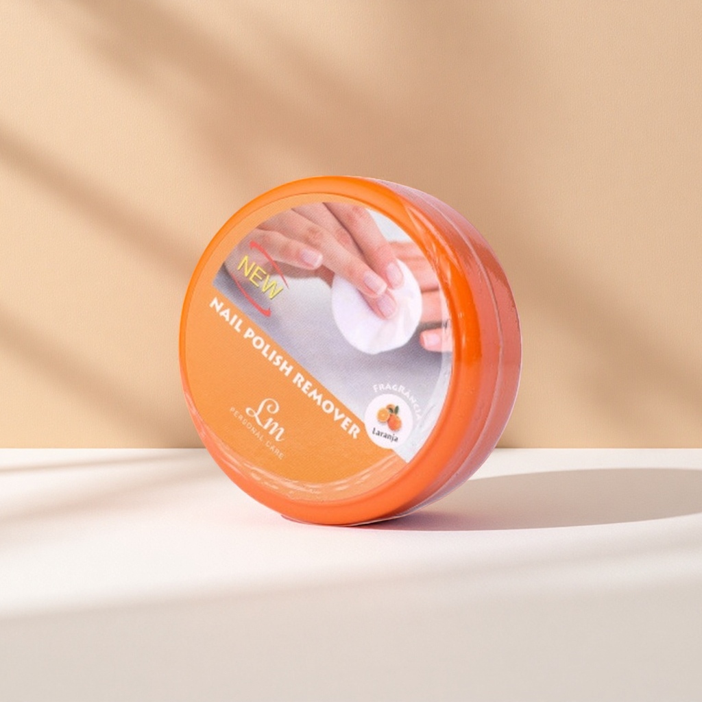The orange round nail polish remover container is made of glass with a capacity of 120ml and is reusable Specification image