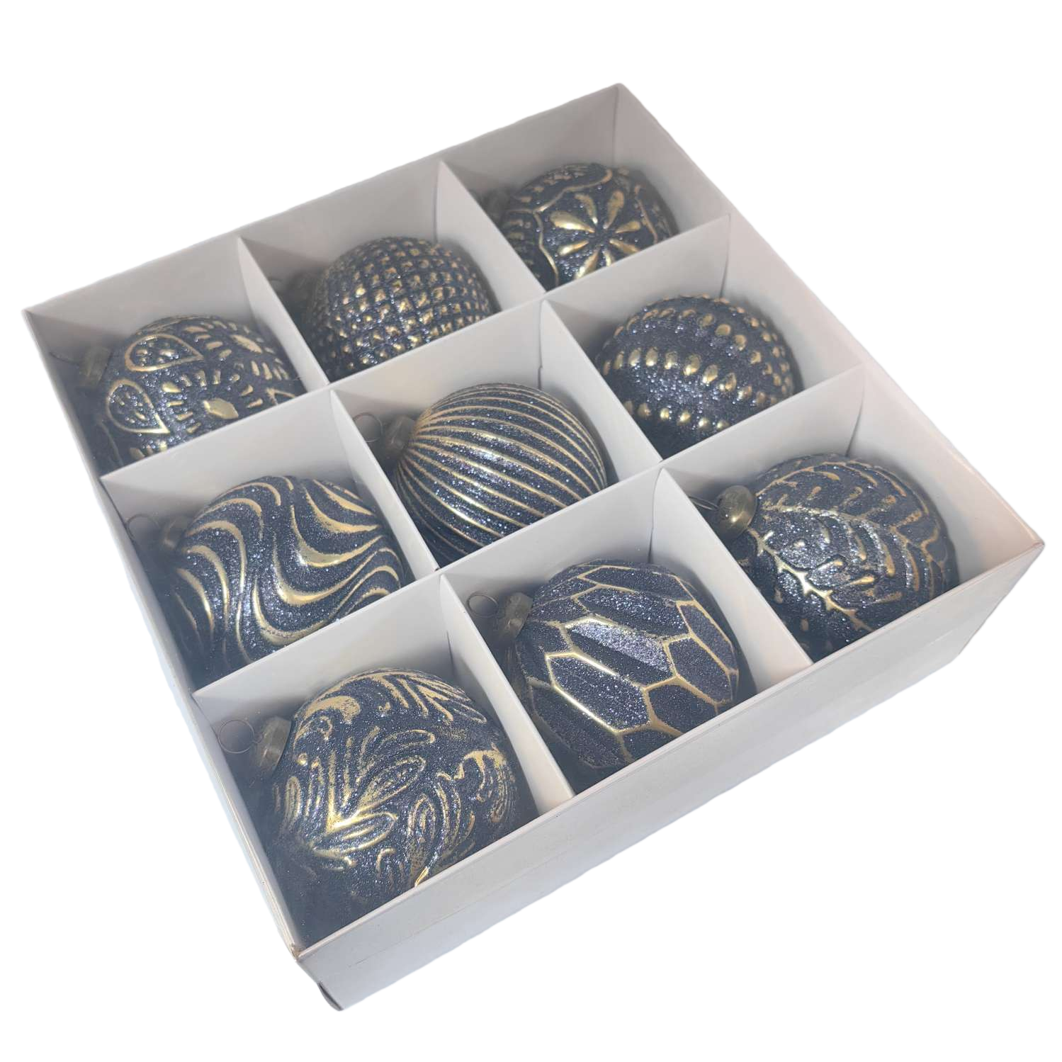 A set of Christmas decorative balls in gold and silver with shiny surfaces and festive hanging ornaments Item Picture