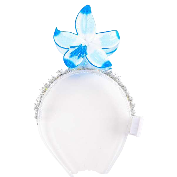 The blue flower-decorated hairband is a sweet and charming headwear for a young girl. It is an adjustable elastic hairband Item Picture