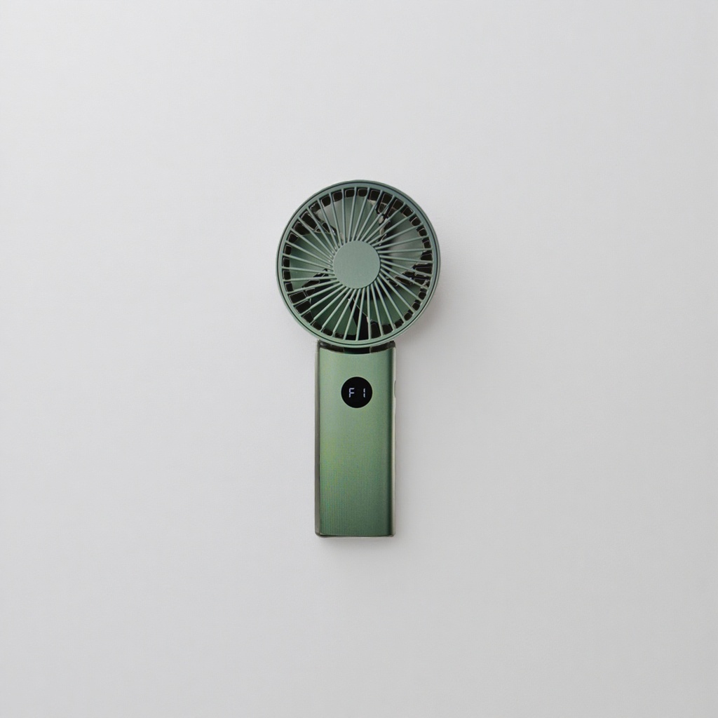 The green portable handheld fan is small, quiet, and can be charged via USB for long battery life details Picture