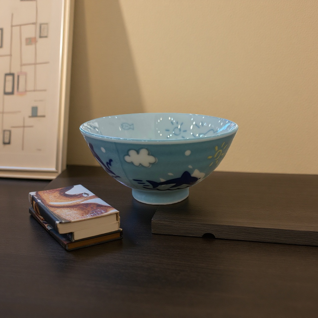 蓝色卡通图案陶瓷碗 家用儿童餐碗 防摔可爱风格