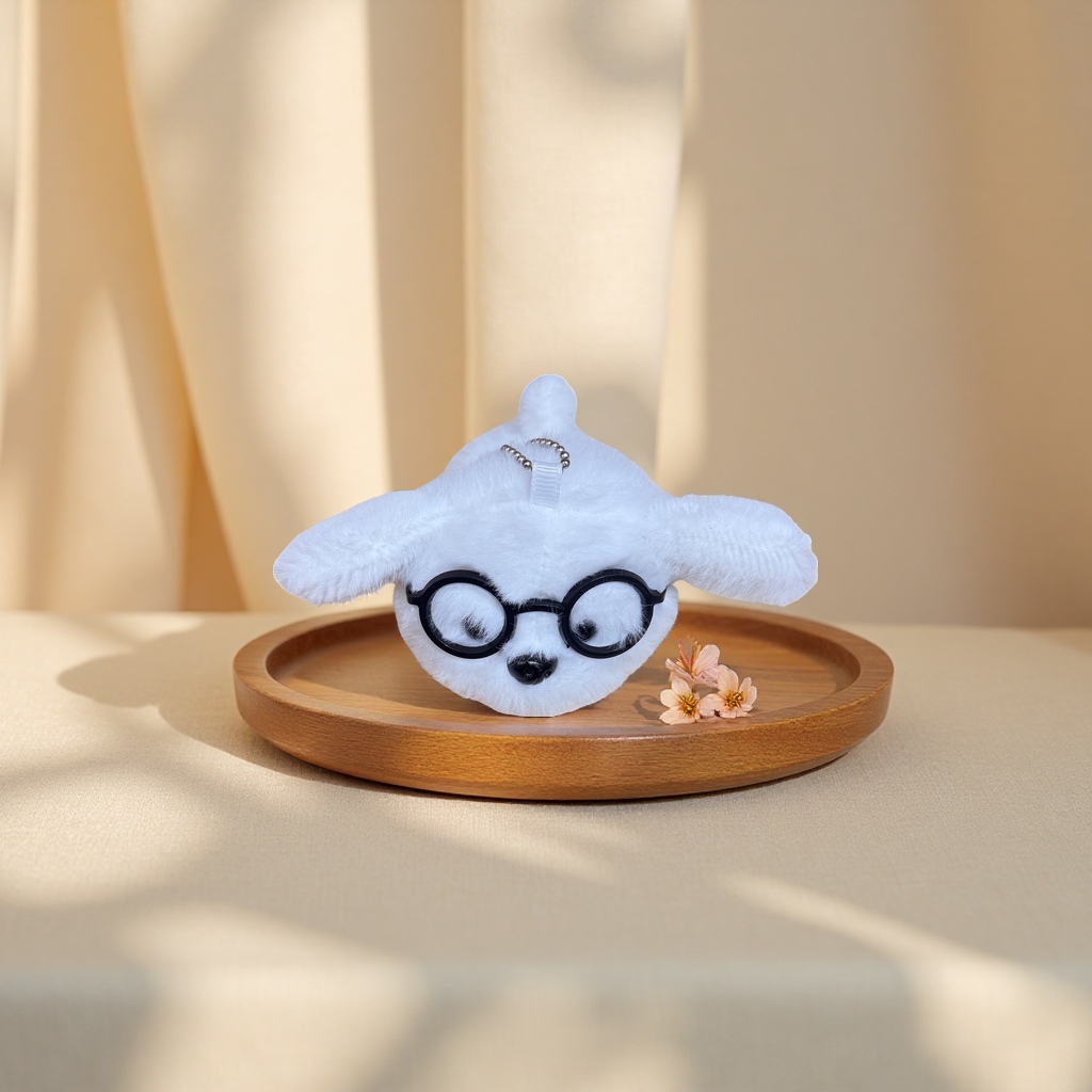 A cute and adorable white rabbit-shaped plush toy pendant with glasses Specification image