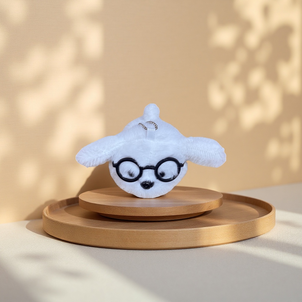 A cute and adorable white rabbit-shaped plush toy pendant with glasses details Picture