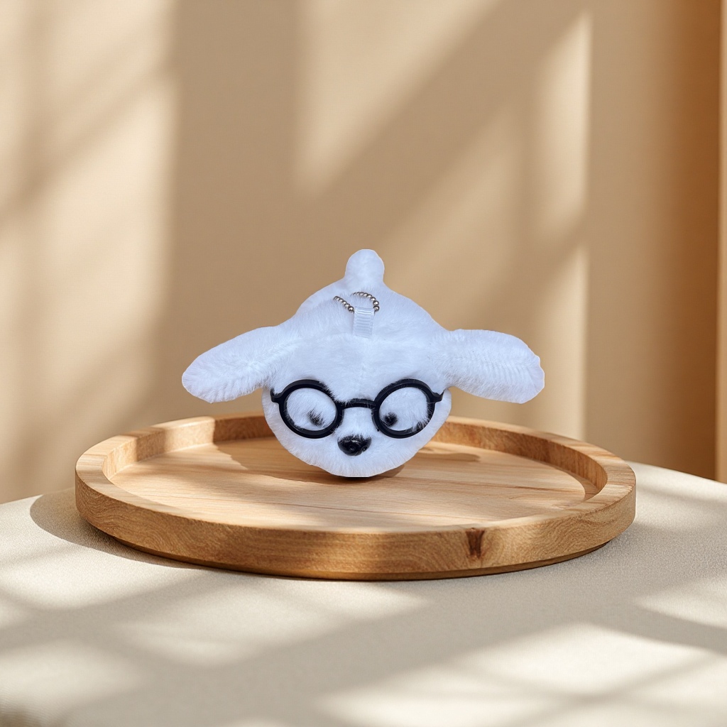 A cute and adorable white rabbit-shaped plush toy pendant with glasses