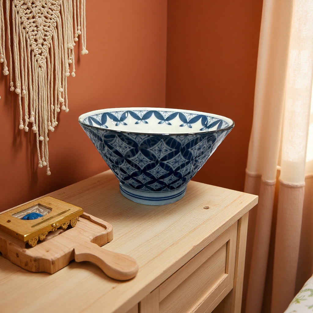 Blue and white patterned ceramic bowl, a simple household meal bowl for serving rice and vegetables details Picture