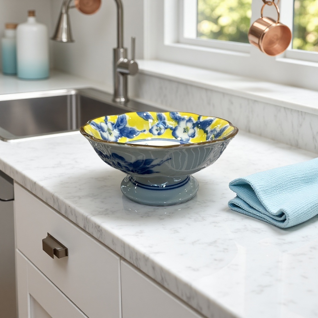 Blue and white porcelain bowl with yellow background and floral patterns, household tableware, ceramic bowl, high-temperature fired underglaze color Application Scenario