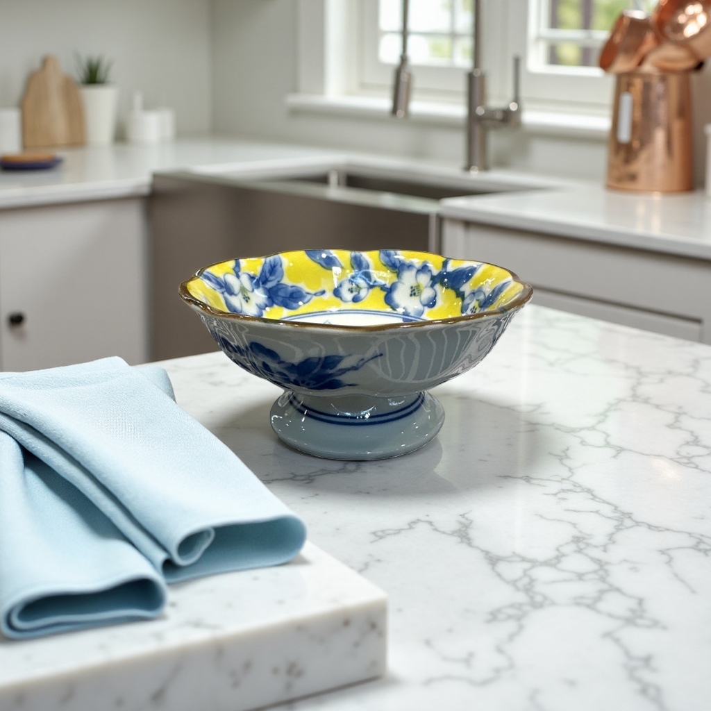 Blue and white porcelain bowl with yellow background and floral patterns, household tableware, ceramic bowl, high-temperature fired underglaze color