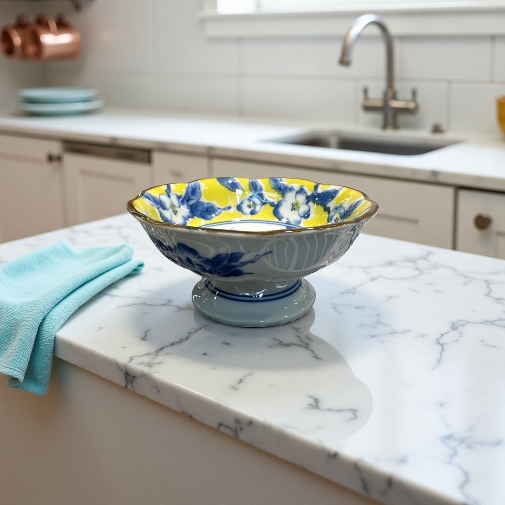 Blue and white porcelain bowl with yellow background and floral patterns, household tableware, ceramic bowl, high-temperature fired underglaze color Specification image