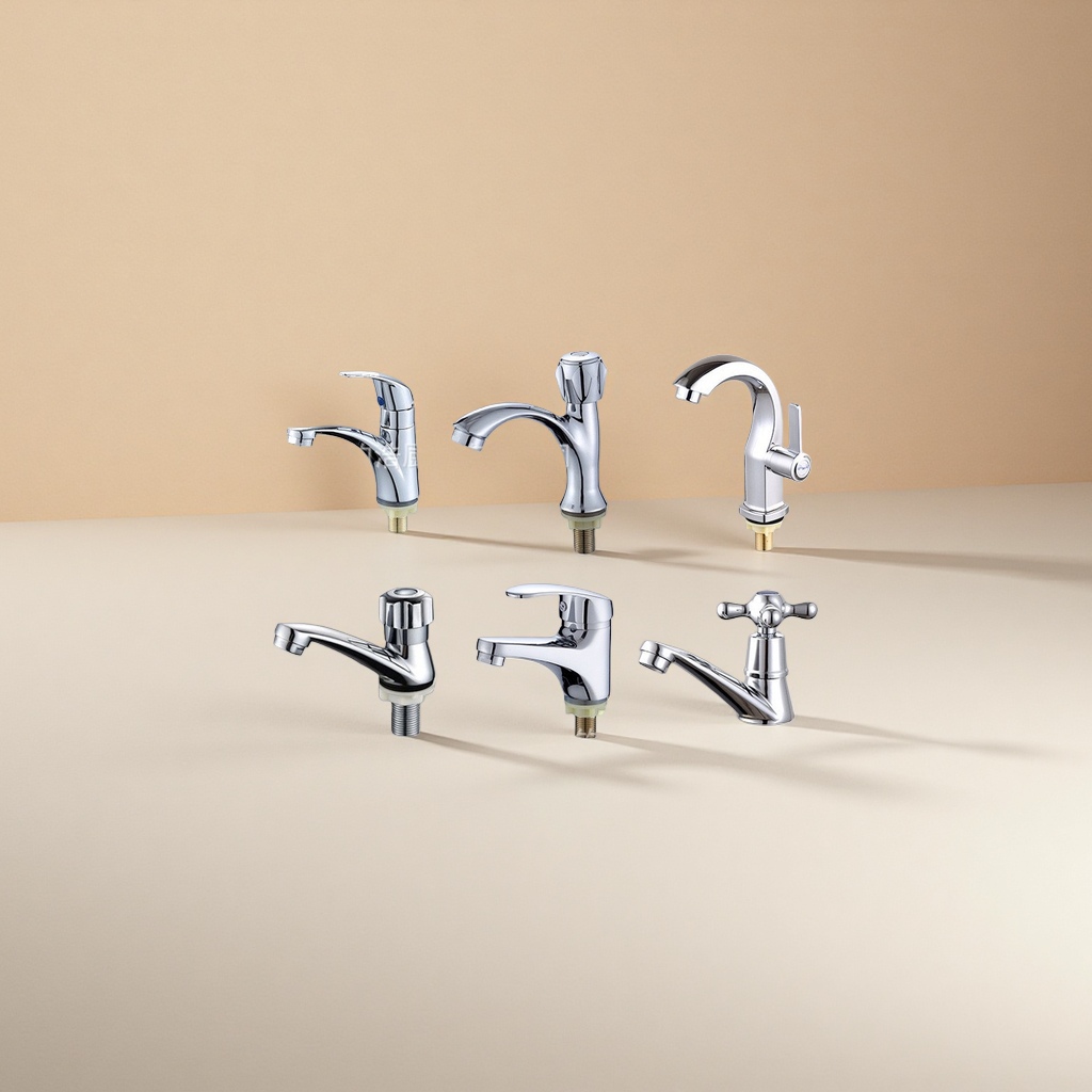 يحتوي الصنبور الستة المططاة بالكروم المبرودة على مجموعة متنوعة من التصميمات لمنافذ المياه Specification image
