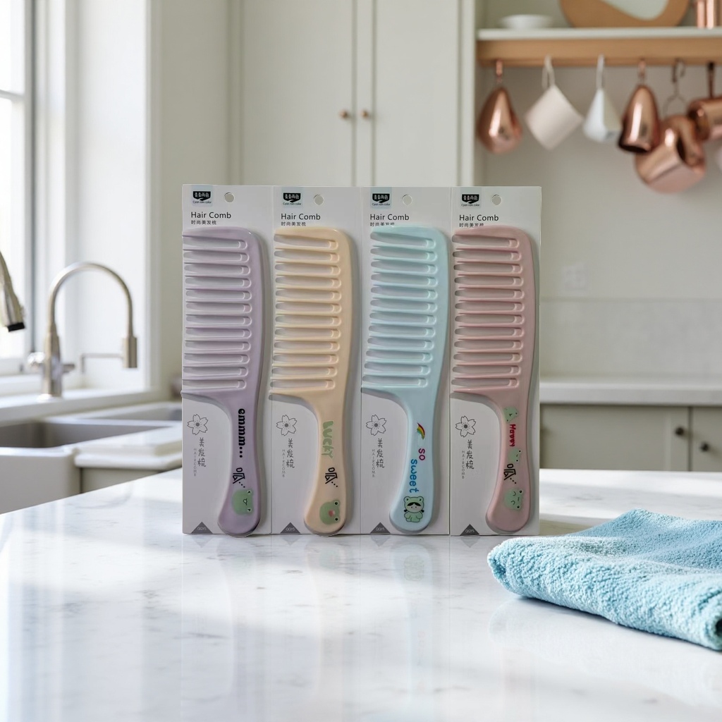 A large-toothed fashionable hair comb in blue and blue with cute cartoon patterns. Four wide-toothed combs in purple, beige, blue and pink