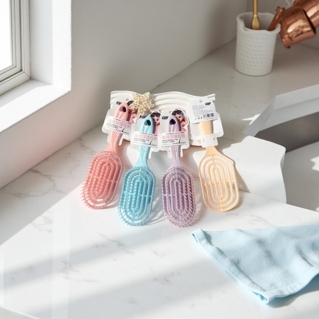High skull top fluffy plastic comb available in four colors: pink, blue, purple and beige