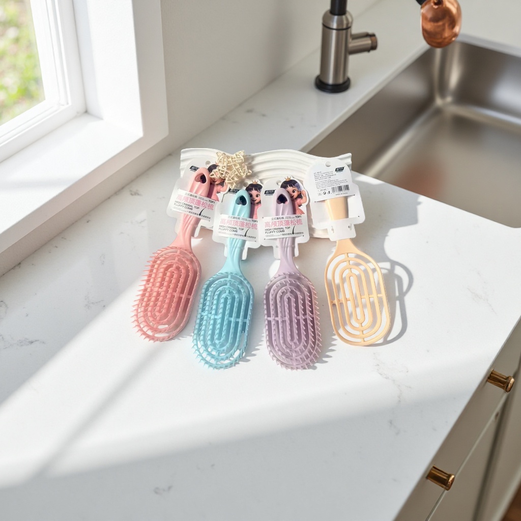 High skull top fluffy plastic comb available in four colors: pink, blue, purple and beige Application Scenario