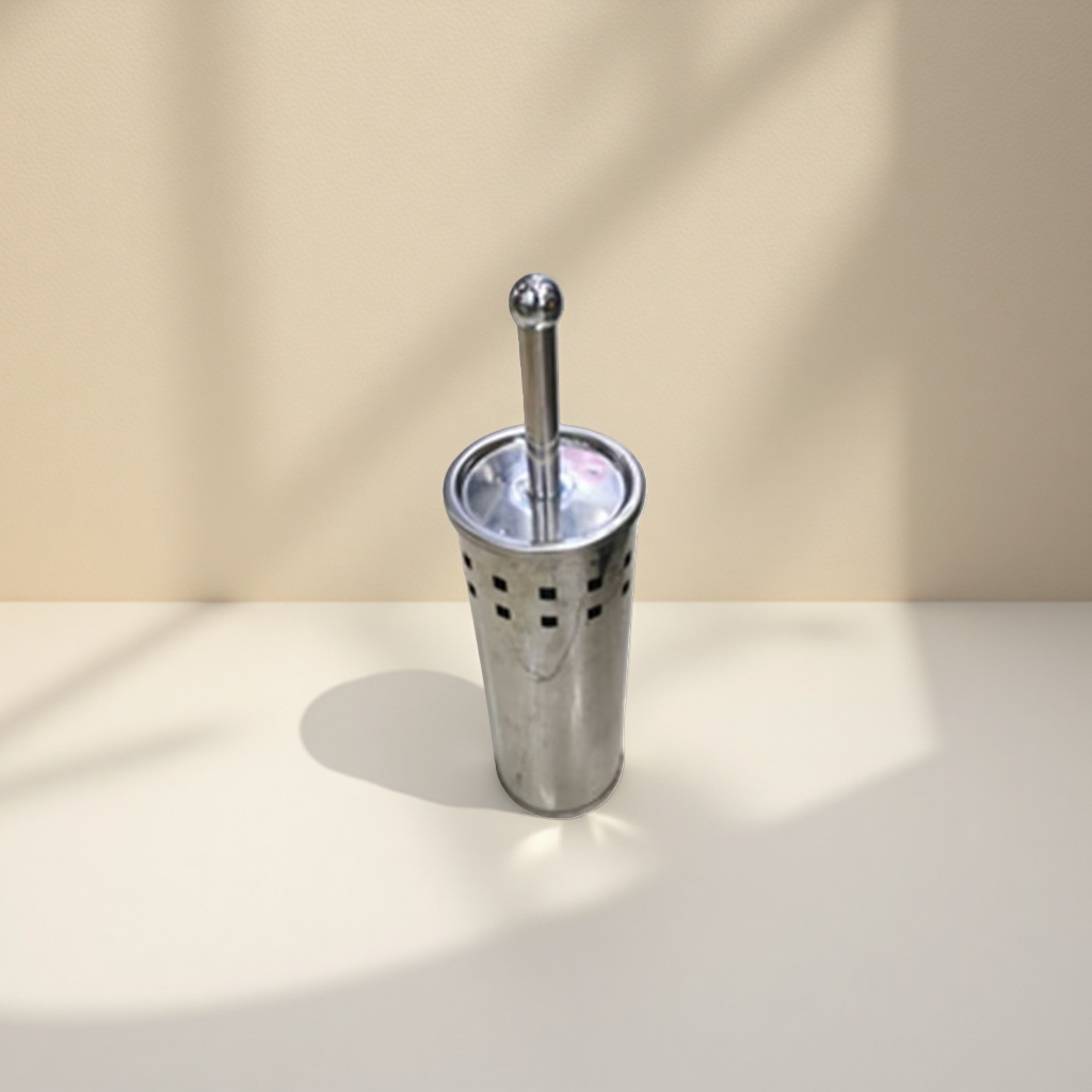 Stainless steel toilet brush bucket with scraper, freestanding hand-free bathroom cleaning set details Picture
