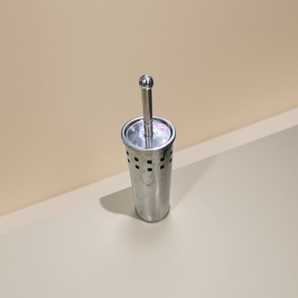 Stainless steel toilet brush bucket with scraper, freestanding hand-free bathroom cleaning set Specification image