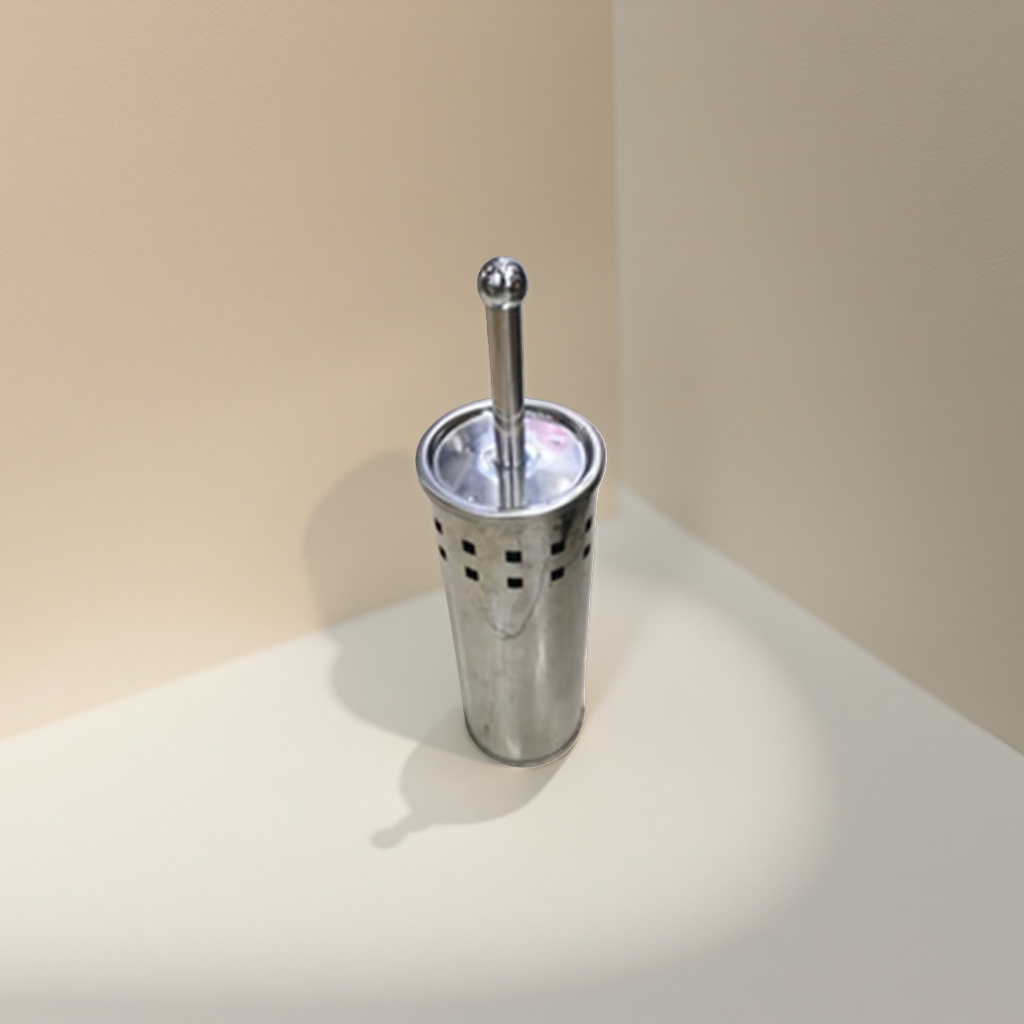 Stainless steel toilet brush bucket with scraper, freestanding hand-free bathroom cleaning set Application Scenario