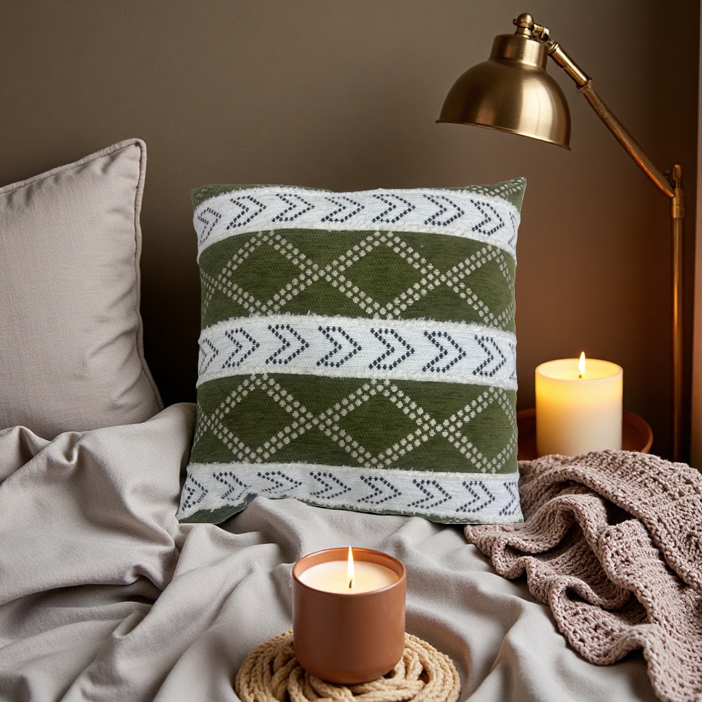 Green geometric patterned throw pillows decorate the living room and bedroom with soft and cute Nordic style cushions