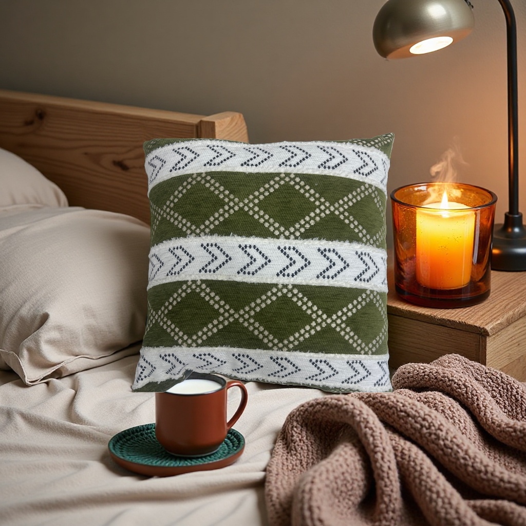 Green geometric patterned throw pillows decorate the living room and bedroom with soft and cute Nordic style cushions details Picture