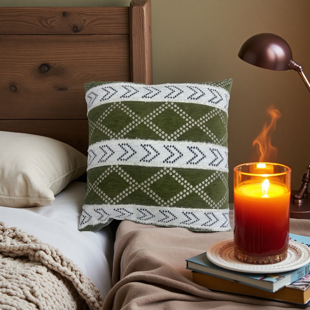 Green geometric patterned throw pillows decorate the living room and bedroom with soft and cute Nordic style cushions Application Scenario