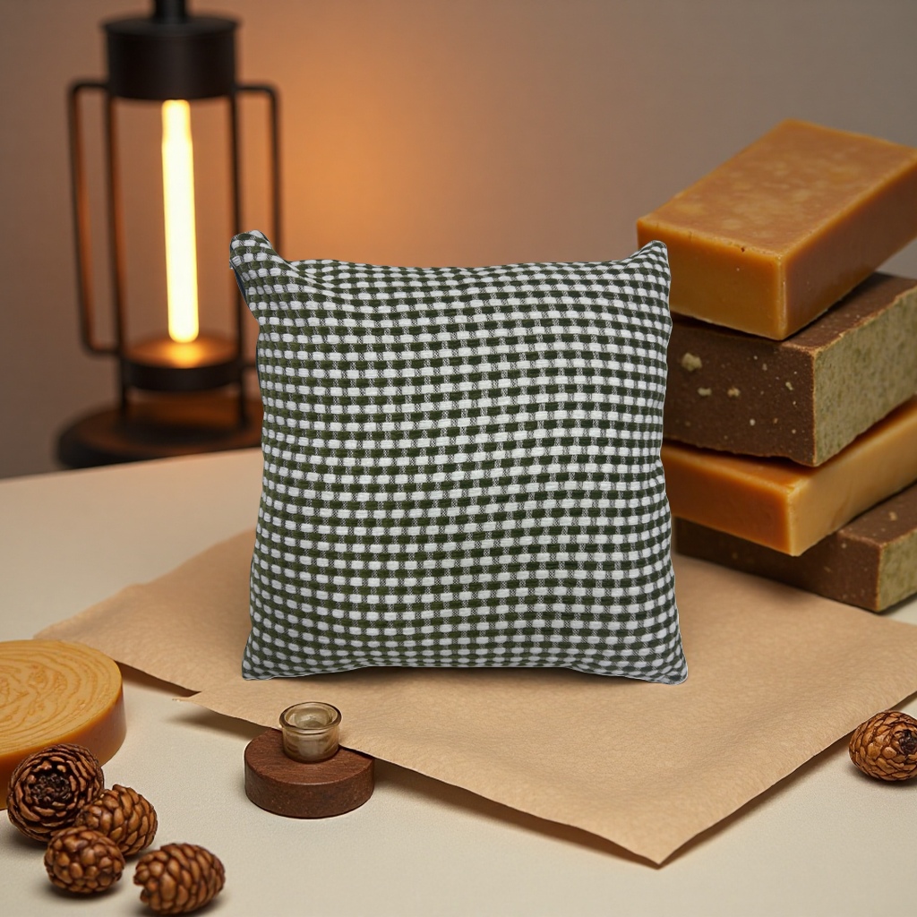 The green checkered pattern throw pillow is a fashionable home decoration. It is made of comfortable cotton and linen Specification image