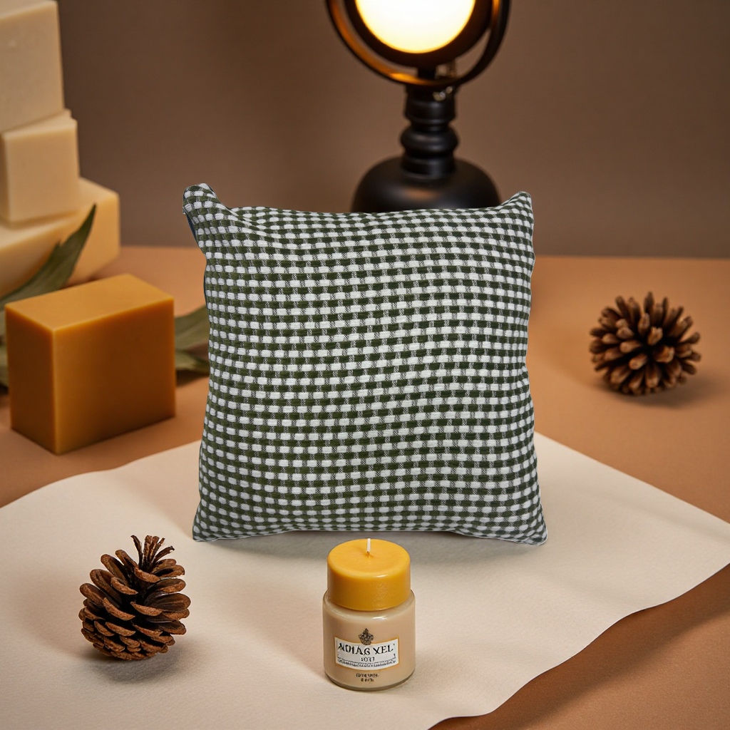 The green checkered pattern throw pillow is a fashionable home decoration. It is made of comfortable cotton and linen details Picture