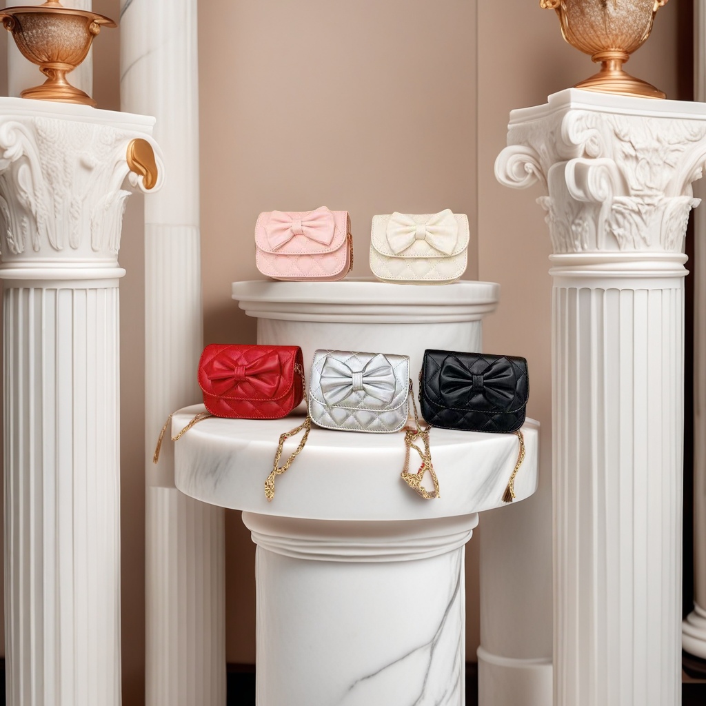 Fashionable bow chain bag available in five colors, quilted texture, golden chain mini loose change small bag, versatile for women's crossbody crossing, new cute bow children's mini bag details Picture