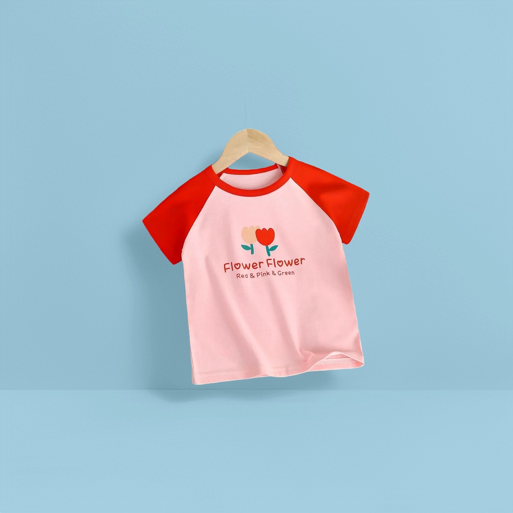 粉色红色拼接儿童花朵图案短袖T恤 Flower Flower Red & Pink & Green