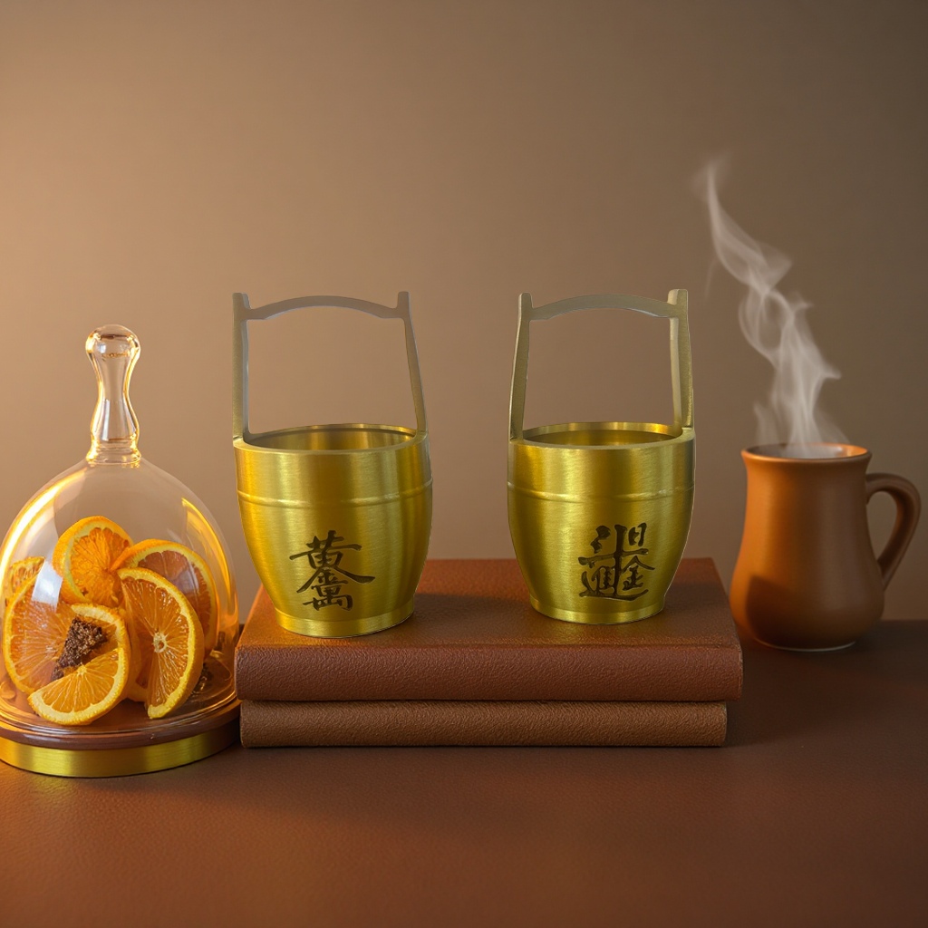 Golden metal small bucket home storage bucket, cosmetic storage bucket, retro-style desktop storage container Specification image