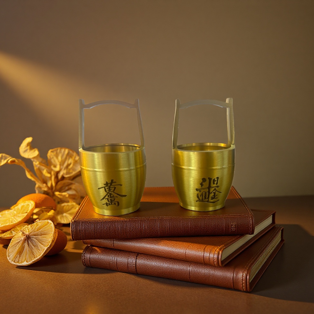 Golden metal small bucket home storage bucket, cosmetic storage bucket, retro-style desktop storage container details Picture