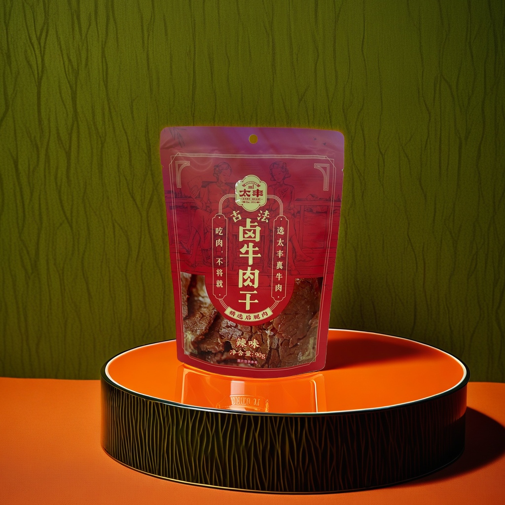 红色包装袋+卤牛肉干产品图