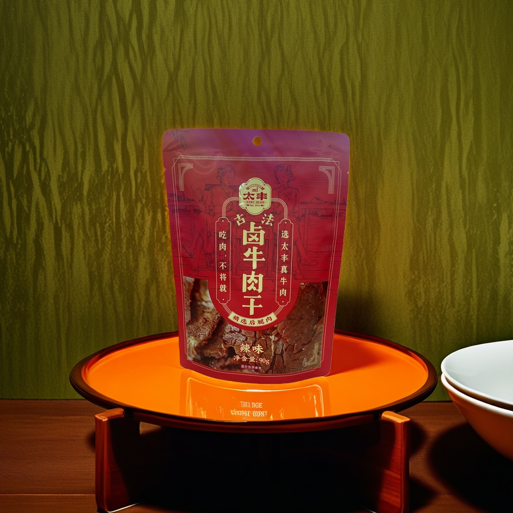 红色包装袋+卤牛肉干细节图