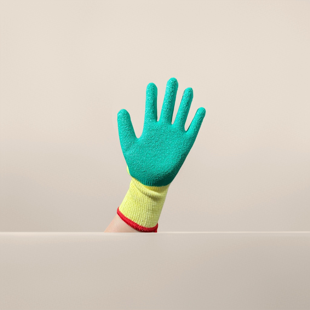 Ten-needle yellow latex knitted labor protection gloves with green and red edges details Picture