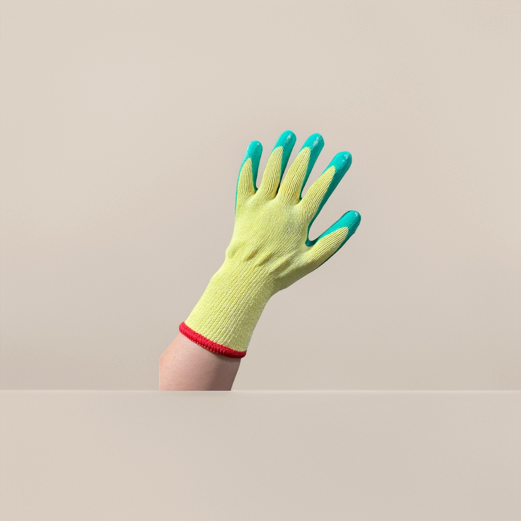 Ten-needle yellow latex knitted labor protection gloves with green and red edges Specification image